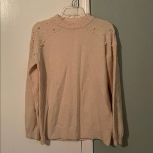 Mock neck cream sweater with pearls